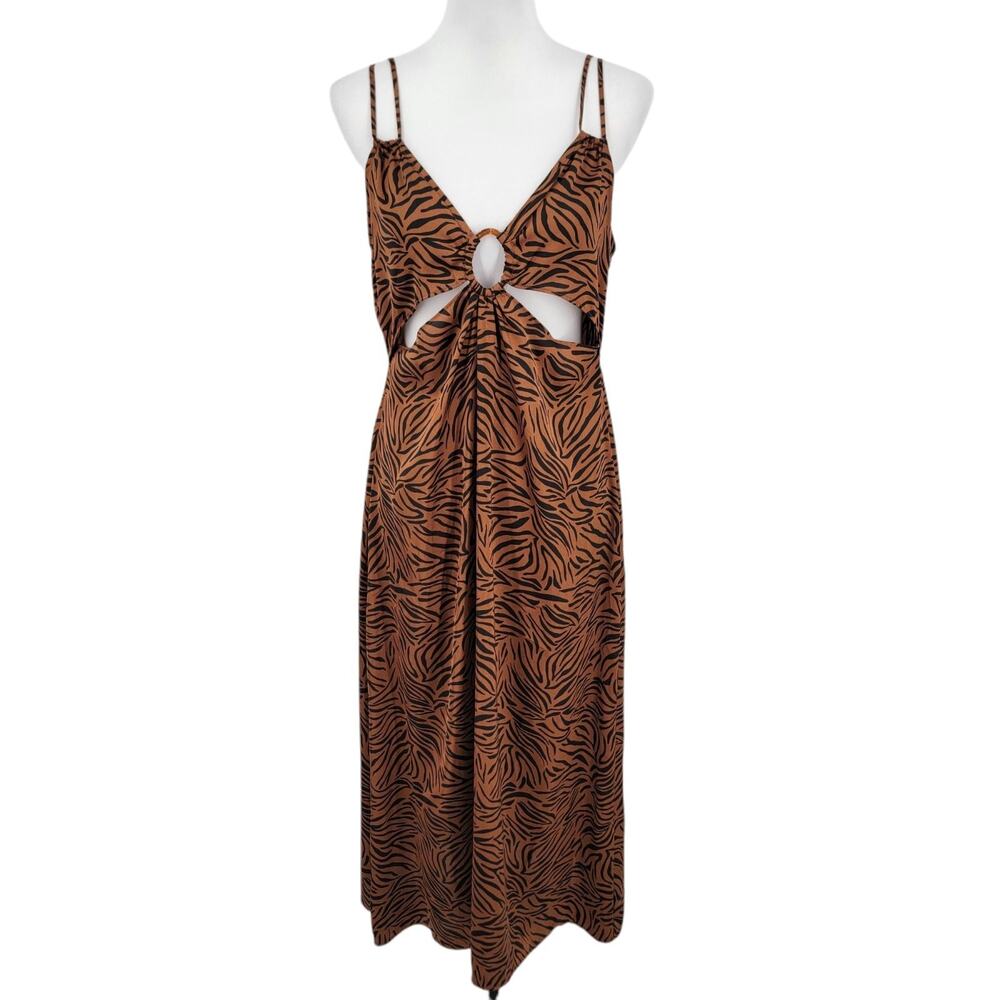 Zara Dress Womens Large Animal Print Cutouts Midi Adjustable Straps